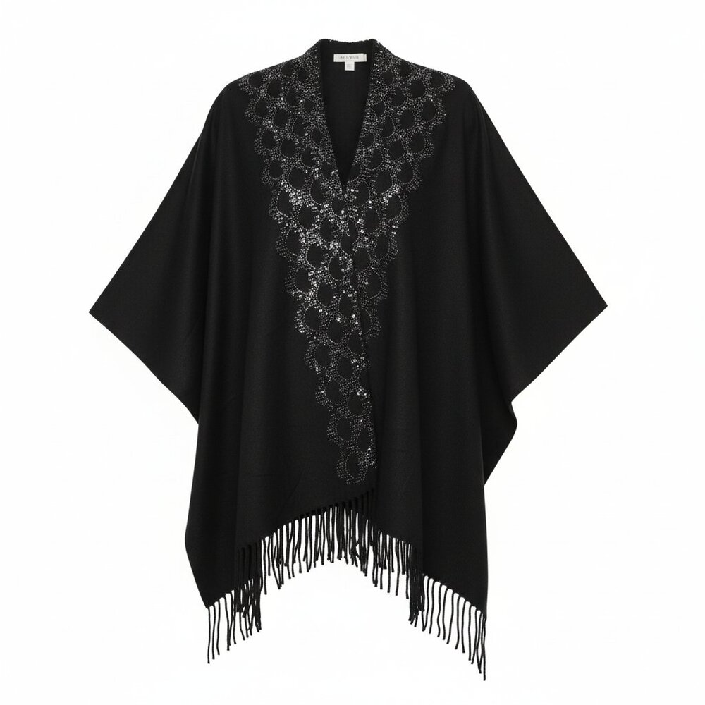 Jessica McClintock Beaded Fringe Shawl Wrap Black Evening Formal Wedding NWT